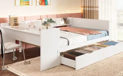 Lit Plat 140x200cm, Bureau, 2 Tiroirs, Pin + Panneau, Sans Matelas, Blanc