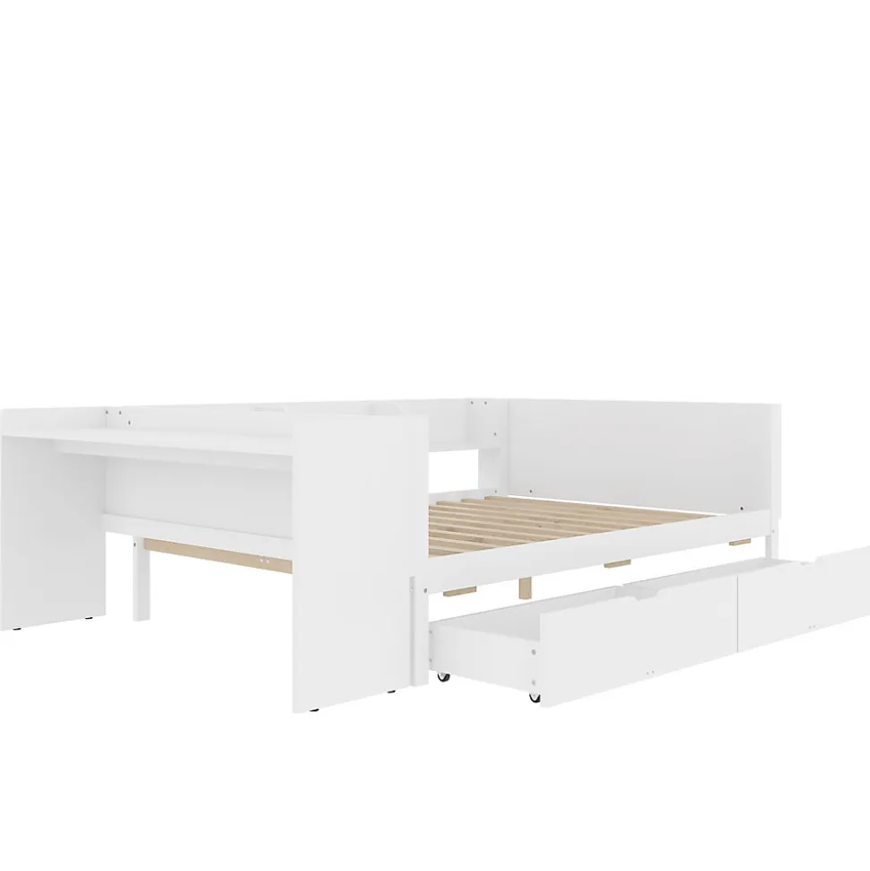 Lit Plat 140x200cm, Bureau, 2 Tiroirs, Pin + Panneau, Sans Matelas, Blanc