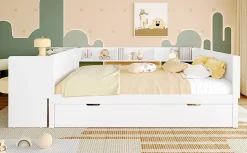 Lit Plat 140x200cm, Bureau, Lit Escamotable, 2 Tiroirs, Pin + Panneau, Blanc