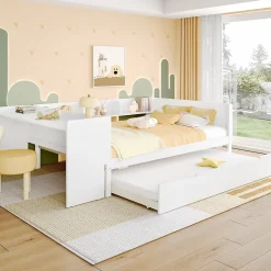 Lit Plat 140x200cm, Bureau, Lit Escamotable, 2 Tiroirs, Pin + Panneau, Blanc