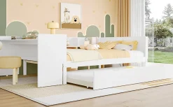 Lit Plat 140x200cm, Bureau, Lit Escamotable, 2 Tiroirs, Pin + Panneau, Blanc