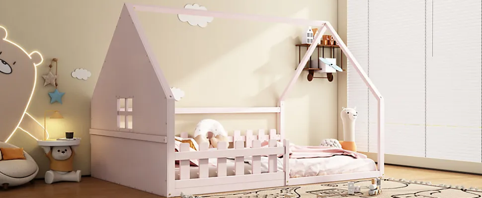 Lit Plat 140x200cm, Forme Maison, Rampe, Pin, Rose