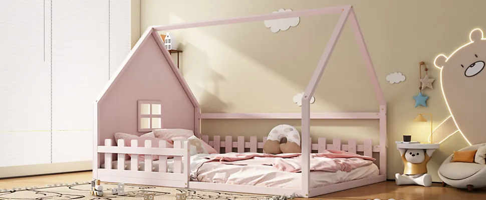 Lit Plat 140x200cm, Forme Maison, Rampe, Pin, Rose