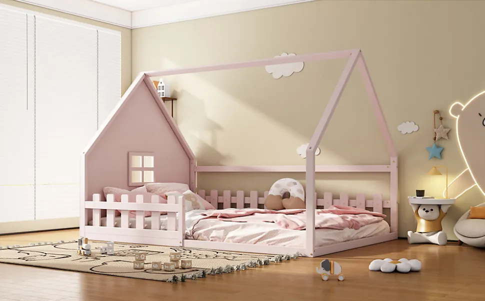 Lit Plat 140x200cm, Forme Maison, Rampe, Pin, Rose