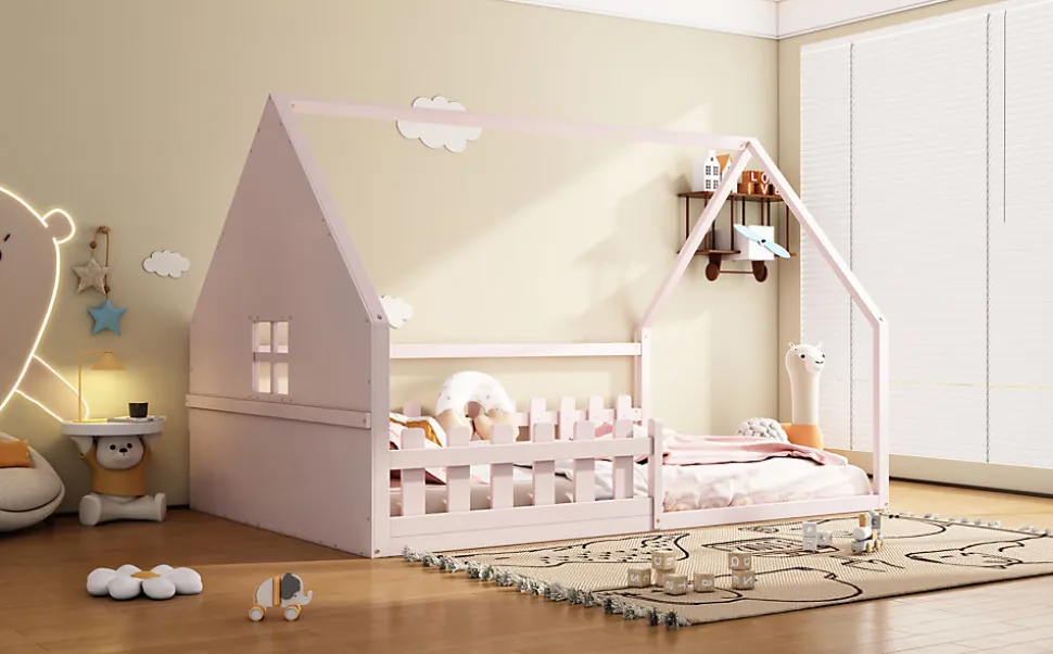 Lit Plat 140x200cm, Forme Maison, Rampe, Pin, Rose