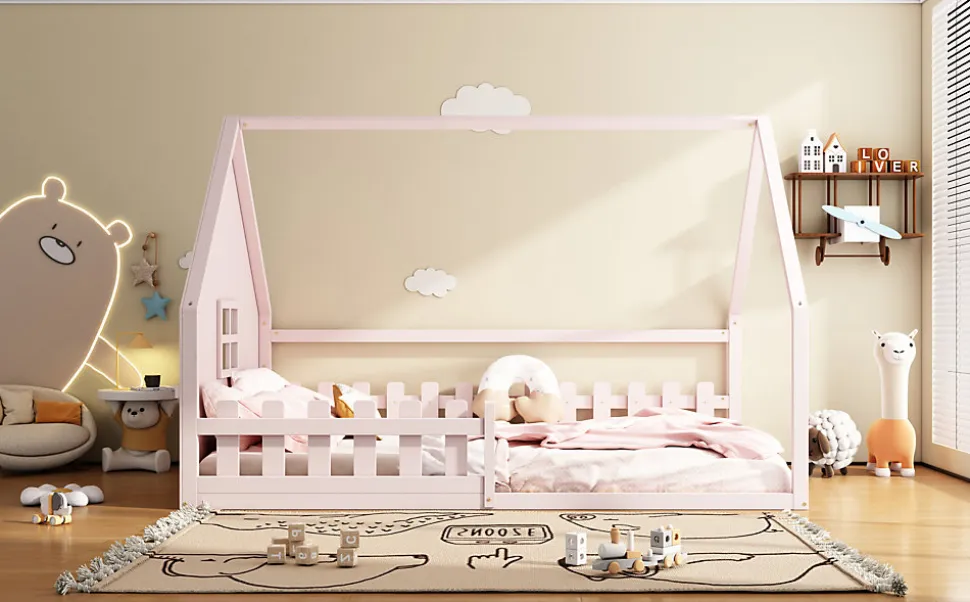 Lit Plat 140x200cm, Forme Maison, Rampe, Pin, Rose