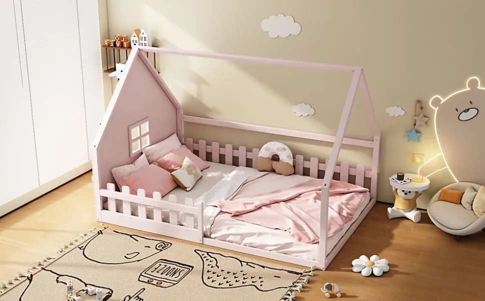 Lit Plat 140x200cm, Forme Maison, Rampe, Pin, Rose