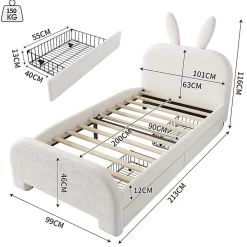 Lit Plat 90x200cm Laine Mouton Forme Lapin Blanc Blackcolors