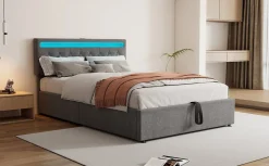 Lit Plat 160x200cm, Rembourré, LED Ambiant, USB, Grande Capacité de Rangement, Blanc