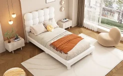 Lit Plat 140x200cm, Rembourré, LED Ambiant, USB, Grande Capacité de Rangement, Blanc