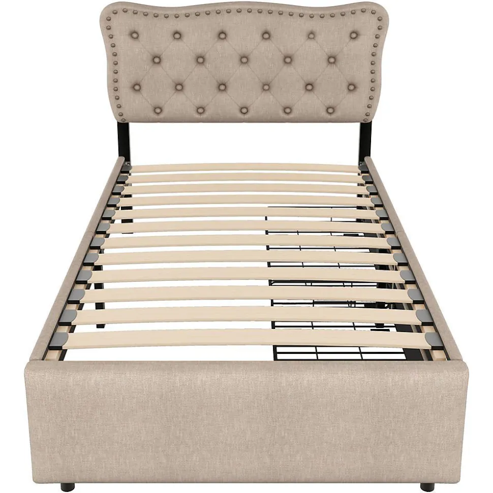 Lit Plat 90x200cm Rembourré Tiroirs Beige Foncé Blackcolors