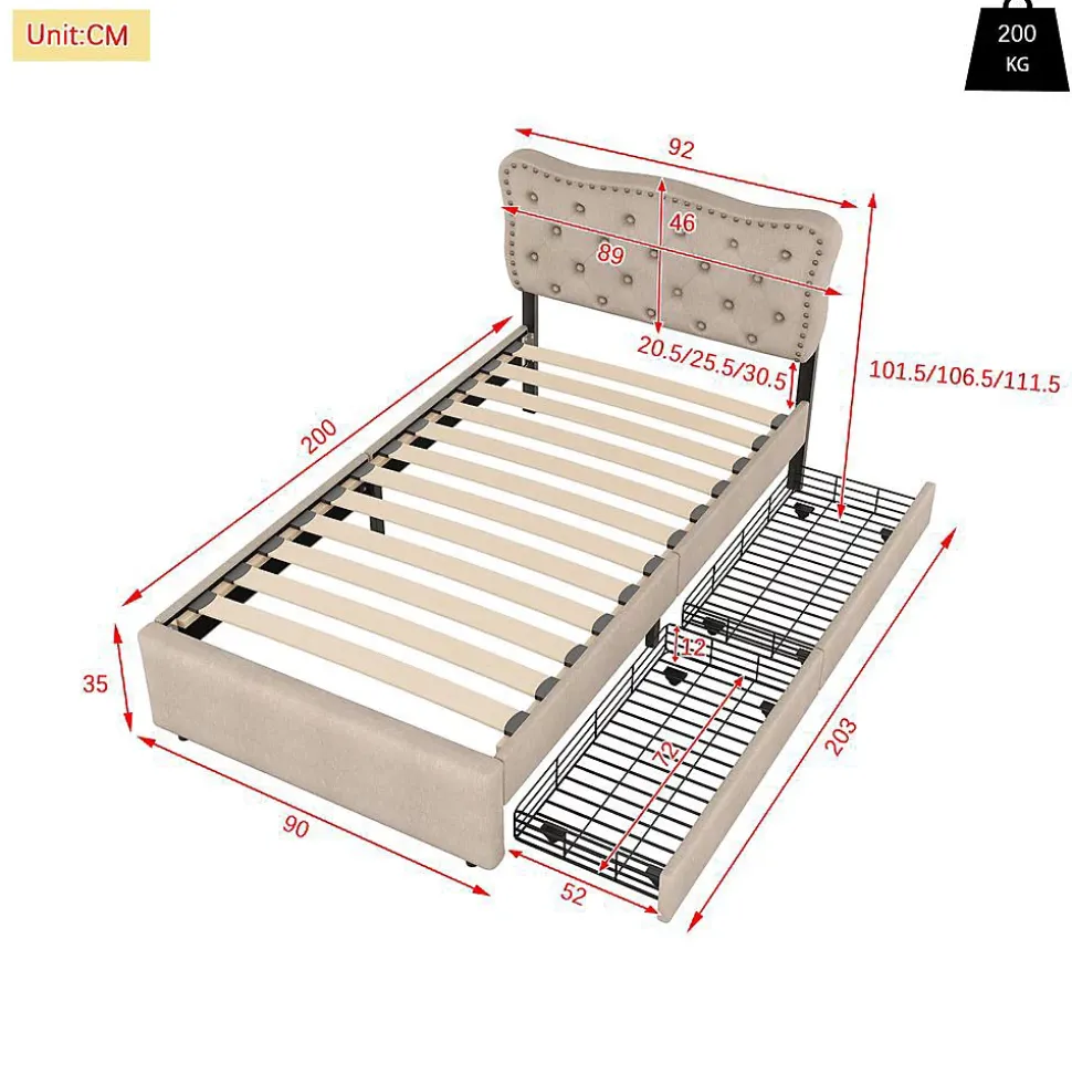 Lit Plat 90x200cm Rembourré Tiroirs Beige Foncé Blackcolors