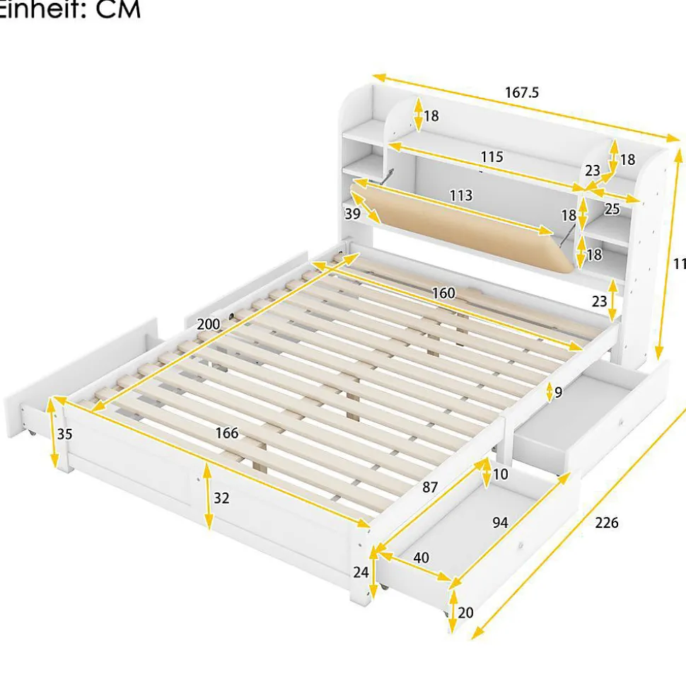 Lit Plat 160X200Cm Tiroirs Blanc Blackcolors