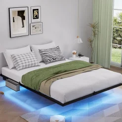 Lit plateforme métal 140x200 cm, style japonais, LED, sans tête de lit - noir