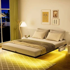 Lit plateforme métal 140x200 cm, style japonais, LED, sans tête de lit - noir