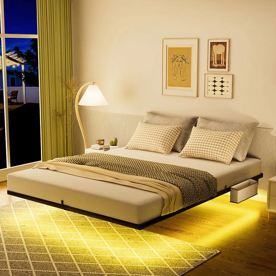 Lit plateforme métal 140x200 cm, style japonais, LED, sans tête de lit - noir