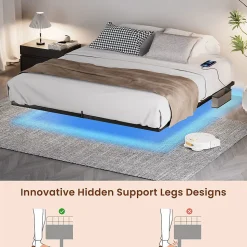 Lit plateforme métal 160x200 cm, style japonais, LED, sans tête de lit - noir