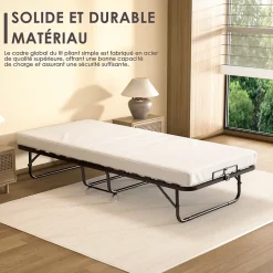 Lit Pliant 90x190 CM avec Matelas de 10cm, Lit Pliable 1 Personne Adulte, 4 roulettes, 2 Min Assembler