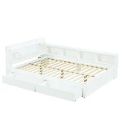 Lit Polster 140x200 cm avec rangement latéral, 2 lampes, prise USB, bois blanc, moderne