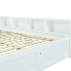Lit Polster 140x200 cm avec rangement latéral, 2 lampes, prise USB, bois blanc, moderne