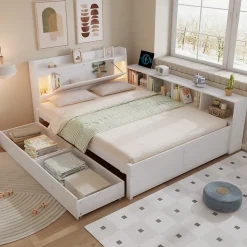 Lit Polster 140x200 cm avec rangement latéral, 2 lampes, prise USB, bois blanc, moderne