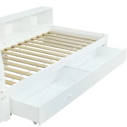 Lit Polster 90x200 cm avec rangement latéral, 2 lampes, prise USB, bois blanc, design pratique