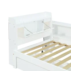 Lit Polster 90x200 cm avec rangement latéral, 2 lampes, prise USB, bois blanc, design pratique