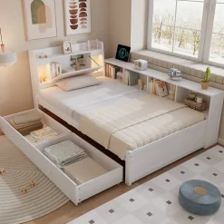 Lit Polster 90x200 cm avec rangement latéral, 2 lampes, prise USB, bois blanc, design pratique