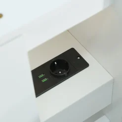 Lit Polster 90x200 cm avec rangement latéral, 2 lampes, prise USB, bois blanc, design pratique