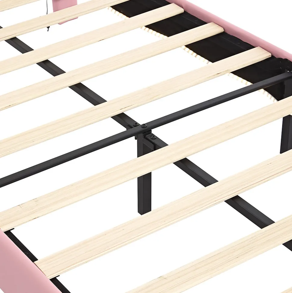 Lit Polster 90x200 cm, tête couronne, LED, cadre métal, rose,blanc