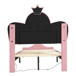 Lit Polster 90x200 cm, tête couronne, LED, cadre métal, rose,blanc