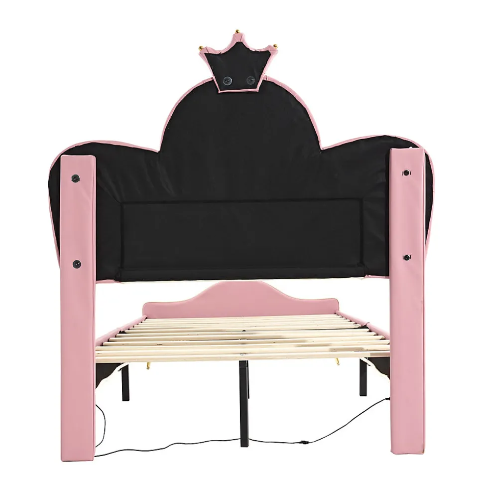 Lit Polster 90x200 cm, tête couronne, LED, cadre métal, rose,blanc