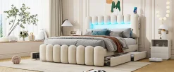 Lit Polster 160x200cm, Avec LED, USB, Stéréo, 4 Tiroirs, Beige