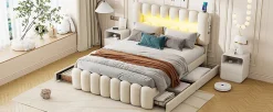 Lit Polster 160x200cm, Avec LED, USB, Stéréo, 4 Tiroirs, Beige