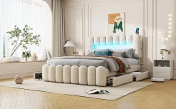 Lit Polster 160x200cm, Avec LED, USB, Stéréo, 4 Tiroirs, Beige