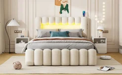 Lit Polster 160x200cm, Avec LED, USB, Stéréo, 4 Tiroirs, Beige