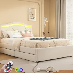 Lit Polster 90x200cm, Éclairage Ambiant, Tiroirs, Tête Réglable, Lin, Beige