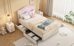 Lit Polster 90x200cm, Éclairage Ambiant, Tiroirs, Tête Réglable, Lin, Beige