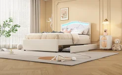 Lit Polster 90x200cm, Éclairage Ambiant, Tiroirs, Tête Réglable, Lin, Beige