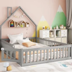 Lit Polster 140x190cm, Lit Enfant, Maison, Tête Réglable, Pin, Gris