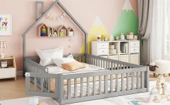 Lit Polster 140x190cm, Lit Enfant, Maison, Tête Réglable, Pin, Gris