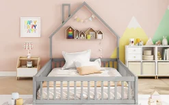 Lit Polster 140x190cm, Lit Enfant, Maison, Tête Réglable, Pin, Gris