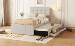 Lit Polster 90x200cm, Lit Familial, Tiroirs, Lit Escamotable, Tête Réglable, Beige