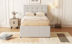 Lit Polster 90x200cm, Lit Familial, Tiroirs, Lit Escamotable, Tête Réglable, Beige