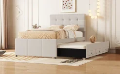 Lit Polster 90x200cm, Lit Familial, Tiroirs, Lit Escamotable, Tête Réglable, Beige