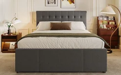 Lit Polster 140x200cm, Lit Familial, Tête Réglable, Grand Rangement, Gris