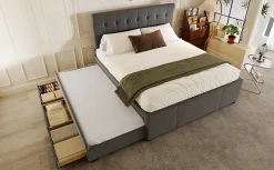 Lit Polster 140x200cm, Lit Familial, Tête Réglable, Grand Rangement, Gris