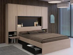 Lit pont 160 x 200 cm avec rangements - Avec LEDs - Coloris : Naturel et noir - VELONA