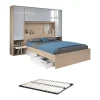 Lit pont 160 x 200 cm avec rangements - avec LEDs - Coloris : Naturel et blanc brillant + Sommier - VELONA