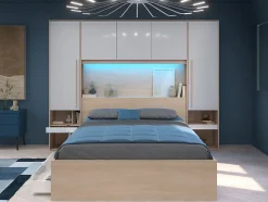 Lit pont 160 x 200 cm avec rangements - avec LEDs - Coloris : Naturel et blanc brillant + Sommier - VELONA